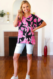 Tropical Vibes Black & Hot Pink Floral V Neck Top | Daverri Fashions