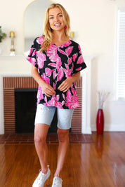 Tropical Vibes Black & Hot Pink Floral V Neck Top | Daverri Fashions