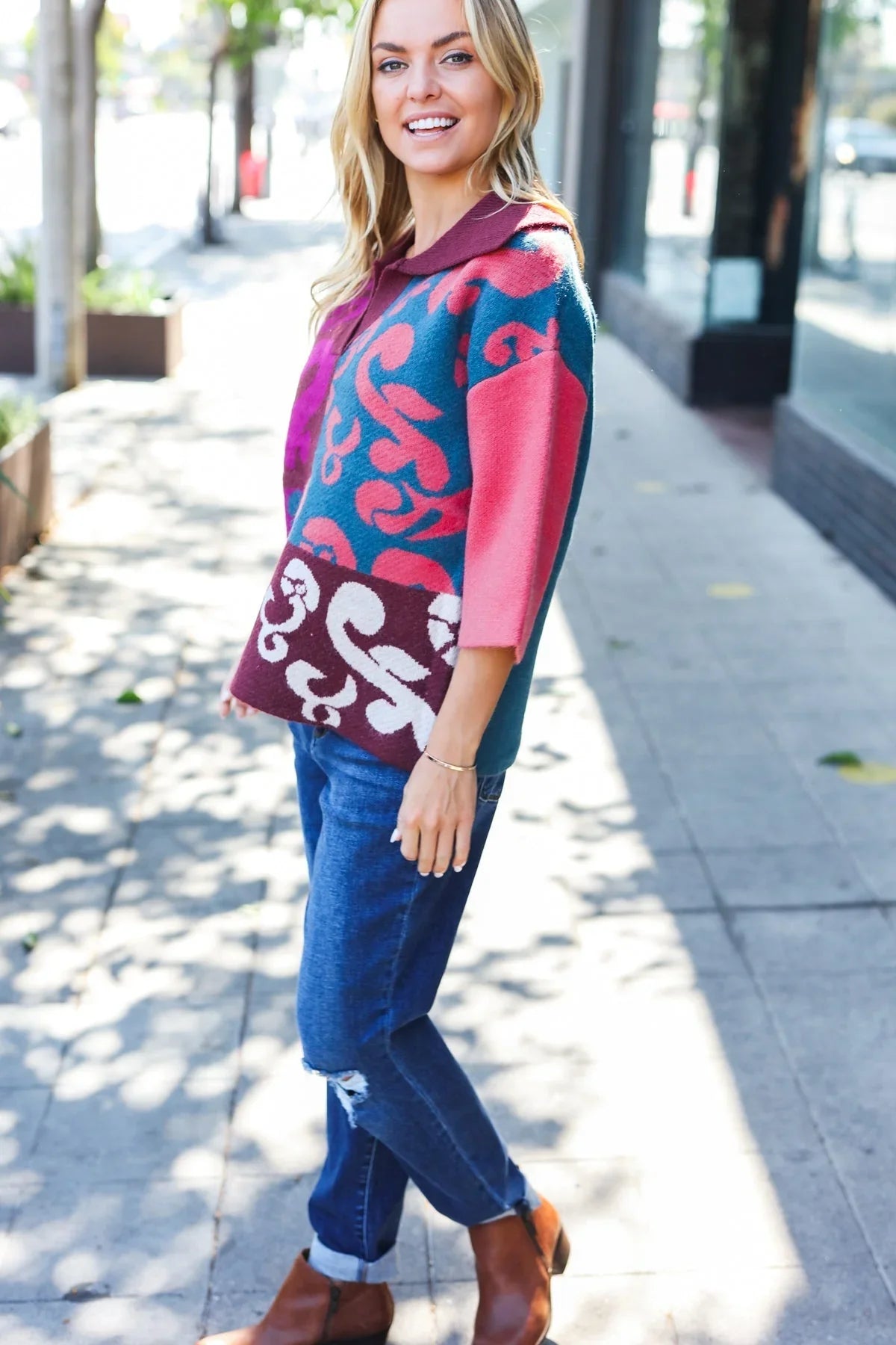 Feeling Your Best Wine Abstract Print Color Block Collar V Neck Sweater | Daverri Fashions