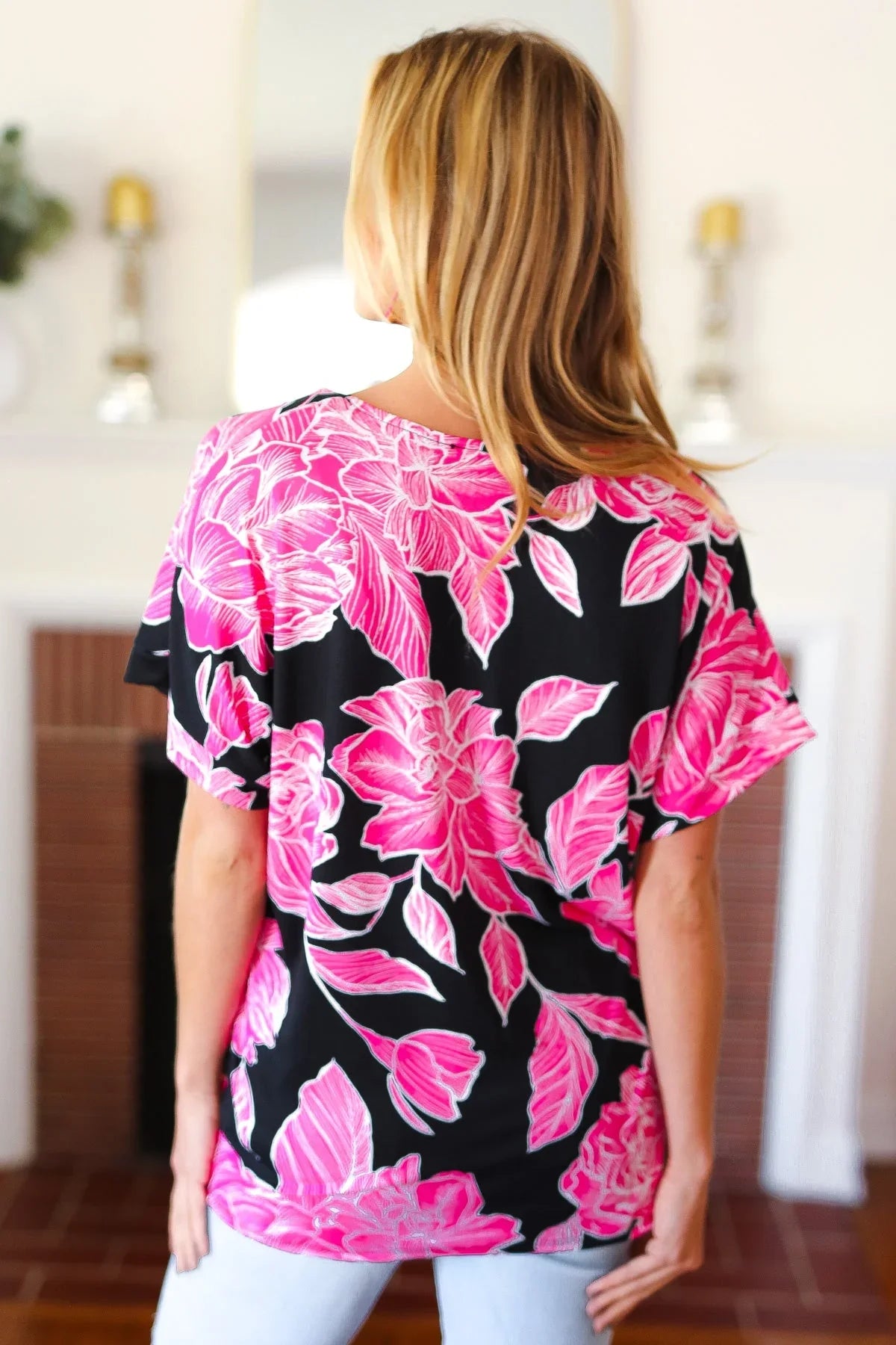Tropical Vibes Black & Hot Pink Floral V Neck Top | Daverri Fashions
