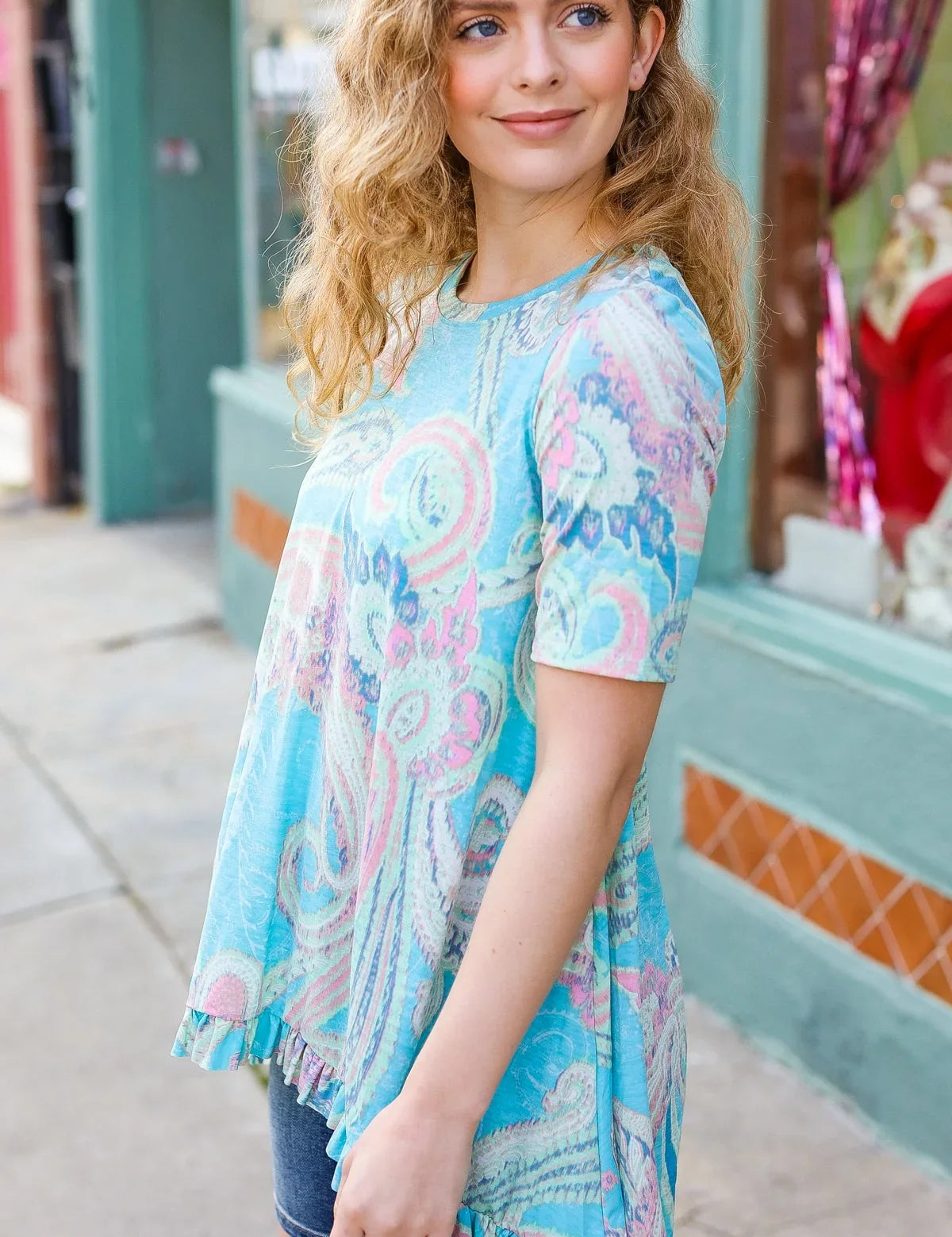 All About You Sky Blue Paisley Ruffle Hem Tunic Top | Daverri Fashions