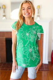Follow Me Emerald Floral Ric Rac Trim Flutter Sleeve Top | Daverri Fashions