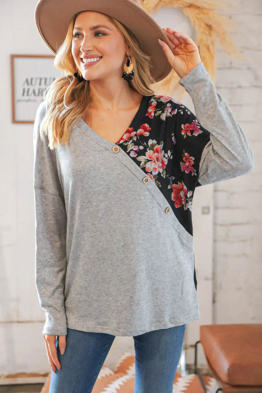 Grey & Black Floral Surplice Button Knit Top | Daverri Fashions