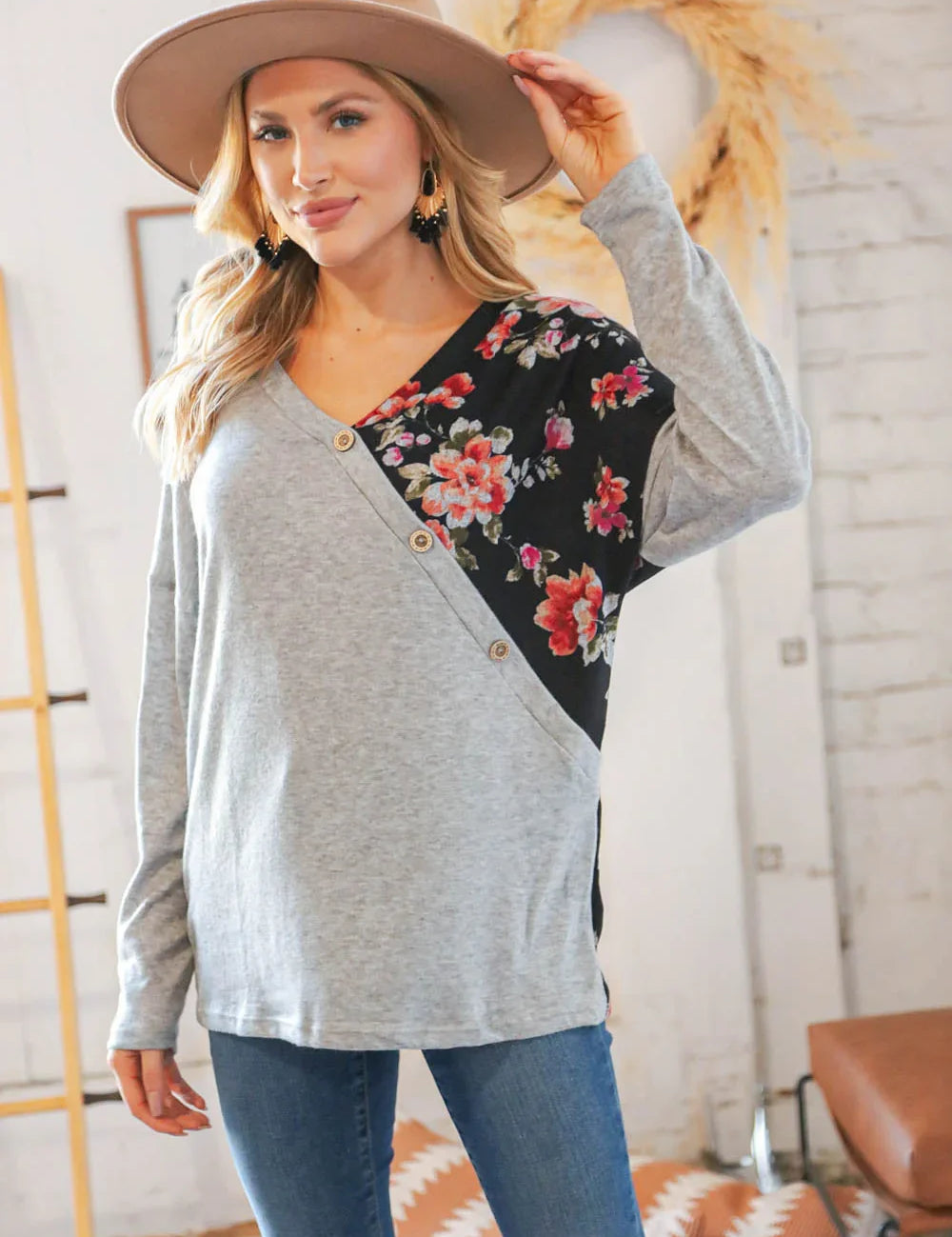 Grey & Black Floral Surplice Button Knit Top | Daverri Fashions