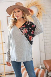 Grey & Black Floral Surplice Button Knit Top | Daverri Fashions