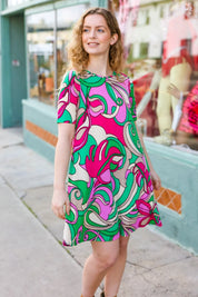 Feeling Bold Fuchsia & Green Abstract Floral Print Dress | Daverri Fashions