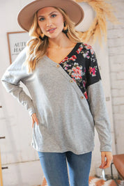Grey & Black Floral Surplice Button Knit Top | Daverri Fashions