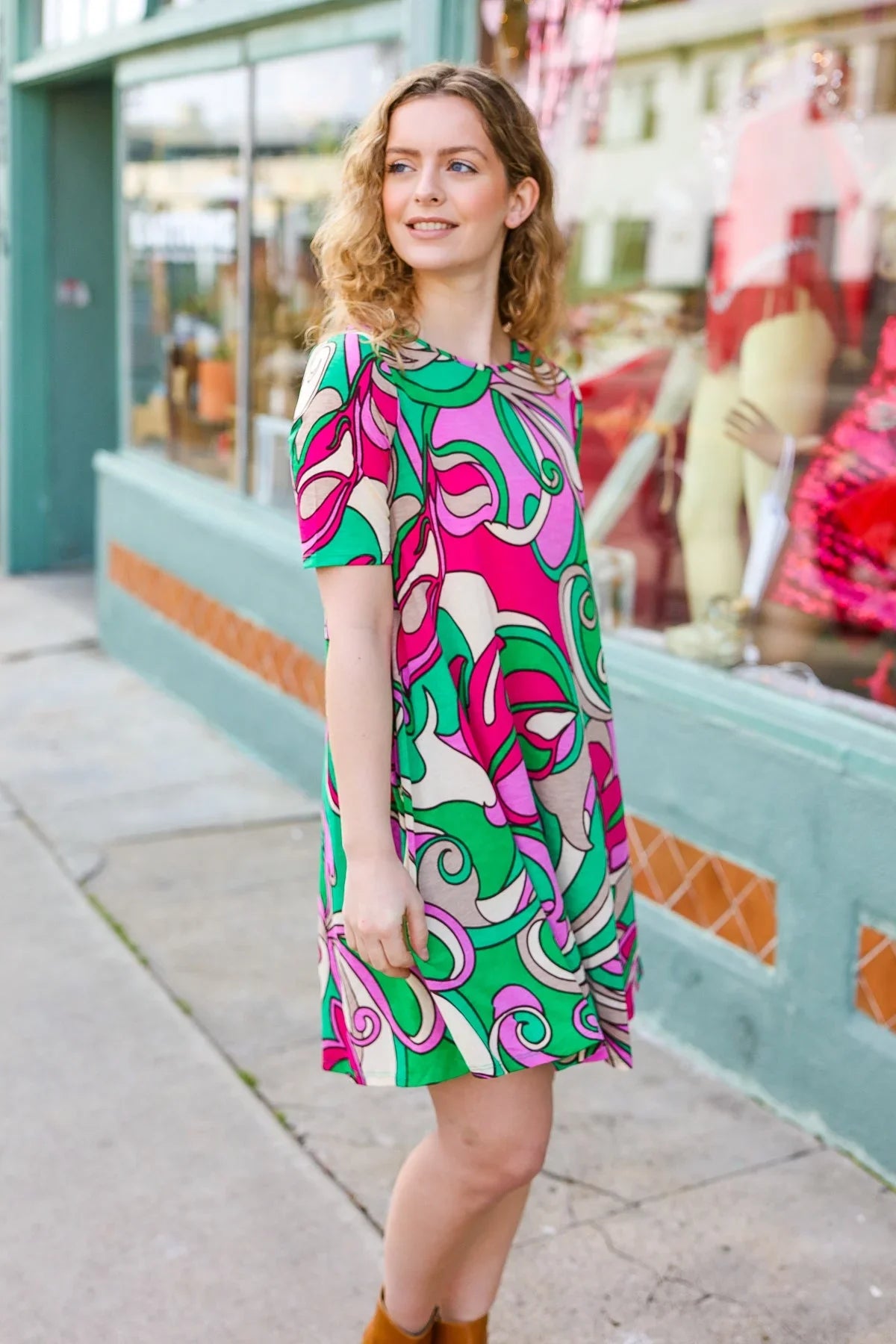 Feeling Bold Fuchsia & Green Abstract Floral Print Dress | Daverri Fashions
