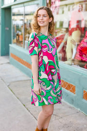 Feeling Bold Fuchsia & Green Abstract Floral Print Dress | Daverri Fashions