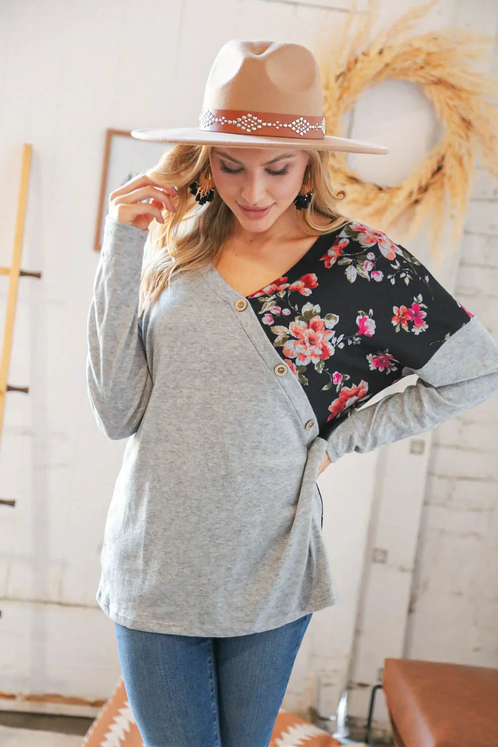 Grey & Black Floral Surplice Button Knit Top | Daverri Fashions