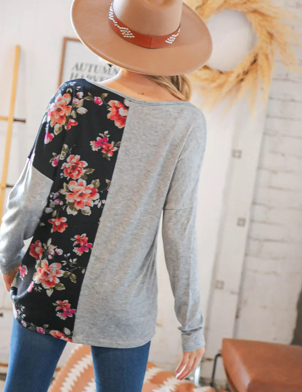 Grey & Black Floral Surplice Button Knit Top | Daverri Fashions