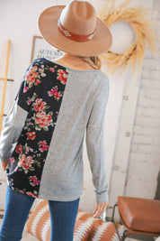 Grey & Black Floral Surplice Button Knit Top | Daverri Fashions
