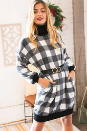 Black Buffalo Plaid Belted Sweater Dress | Daverri Fashions