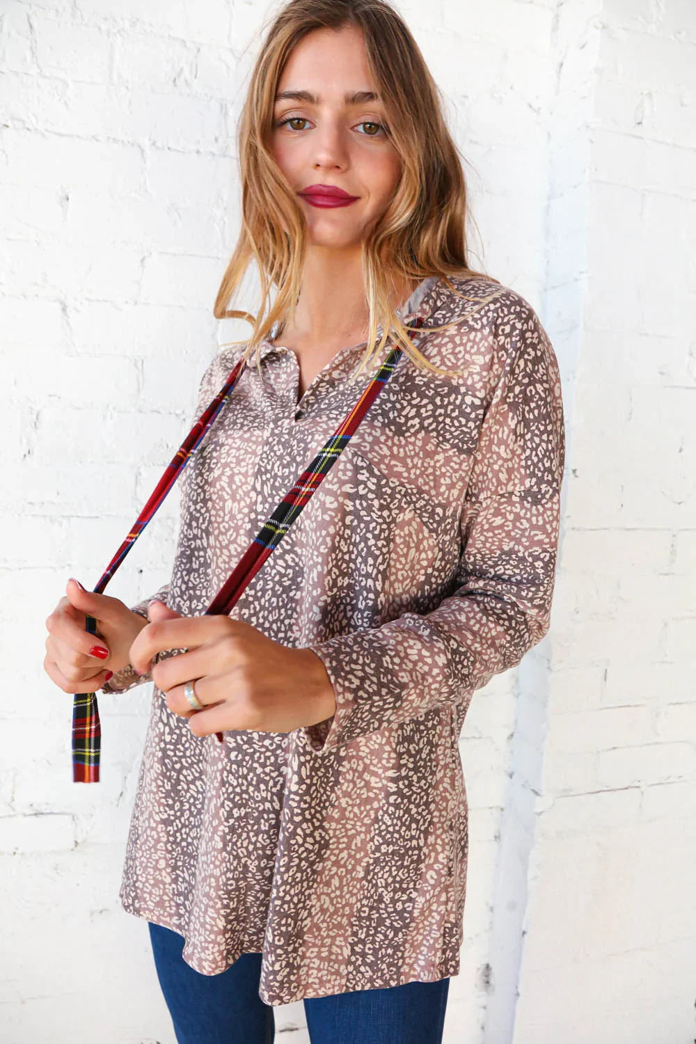 Beige Striped Animal Print Drawstring Hoodie | Daverri Fashions