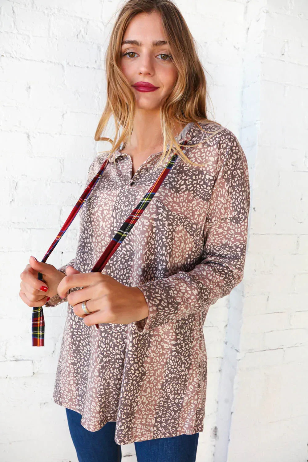 Beige Striped Animal Print Drawstring Hoodie - DAVERRI FASHIONS