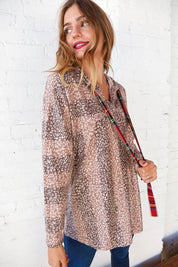 Beige Striped Animal Print Drawstring Hoodie | Daverri Fashions