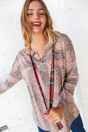 Beige Striped Animal Print Drawstring Hoodie | Daverri Fashions