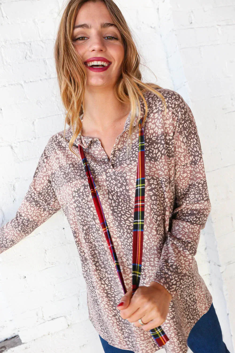 Beige Striped Animal Print Drawstring Hoodie - DAVERRI FASHIONS