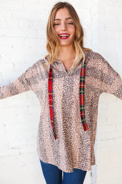 Beige Striped Animal Print Drawstring Hoodie | Daverri Fashions