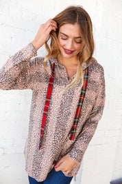 Beige Striped Animal Print Drawstring Hoodie | Daverri Fashions