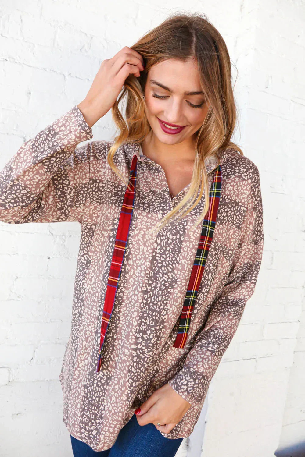 Beige Striped Animal Print Drawstring Hoodie - DAVERRI FASHIONS