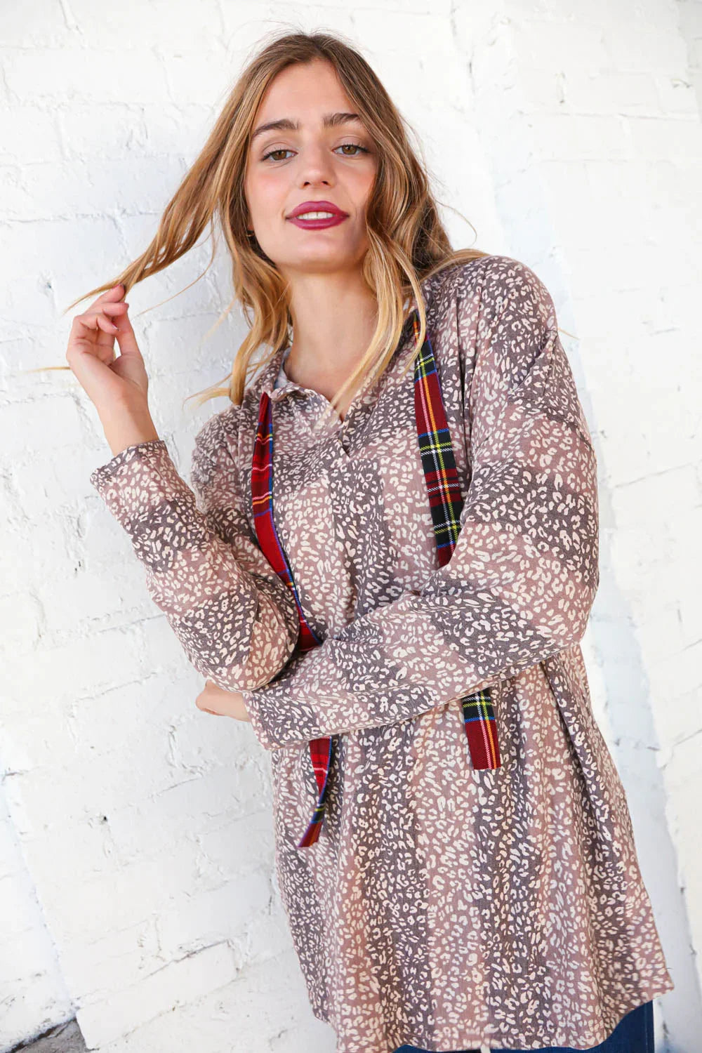 Beige Striped Animal Print Drawstring Hoodie | Daverri Fashions