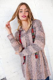 Beige Striped Animal Print Drawstring Hoodie | Daverri Fashions