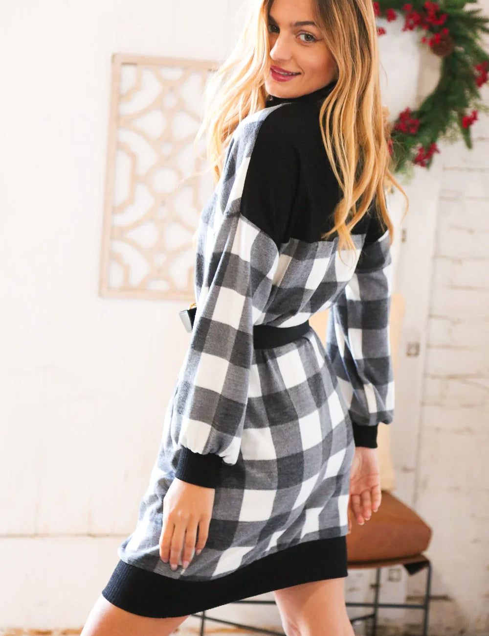 Black Buffalo Plaid Belted Sweater Dress | Daverri Fashions