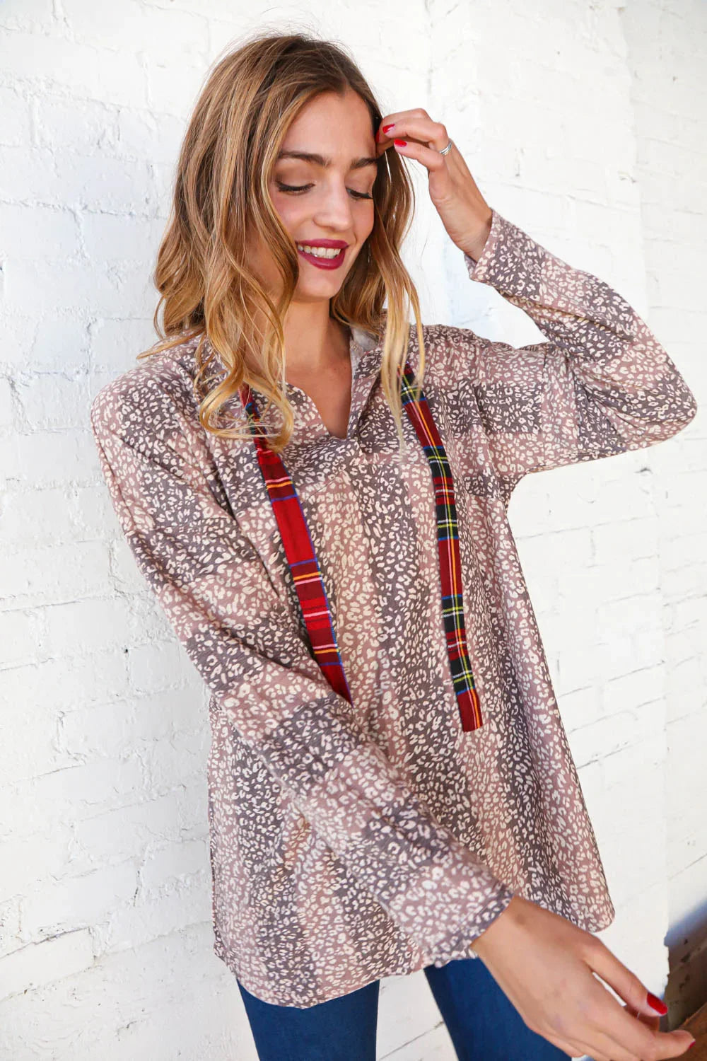 Beige Striped Animal Print Drawstring Hoodie | Daverri Fashions