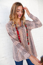 Beige Striped Animal Print Drawstring Hoodie | Daverri Fashions