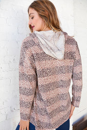 Beige Striped Animal Print Drawstring Hoodie | Daverri Fashions