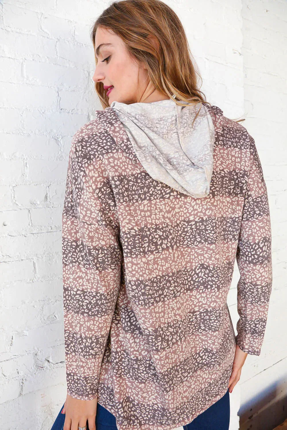 Beige Striped Animal Print Drawstring Hoodie - DAVERRI FASHIONS