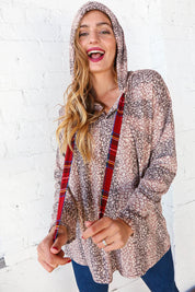 Beige Striped Animal Print Drawstring Hoodie | Daverri Fashions