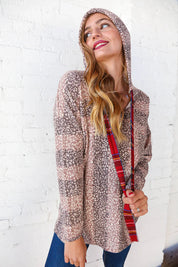 Beige Striped Animal Print Drawstring Hoodie | Daverri Fashions