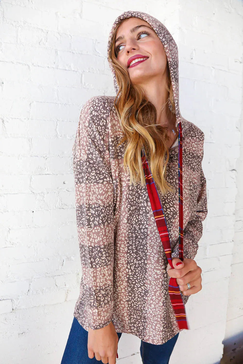 Beige Striped Animal Print Drawstring Hoodie - DAVERRI FASHIONS