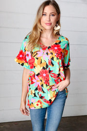 Multicolor Tropical Floral V Neck Drop Shoulder Top | Daverri Fashions
