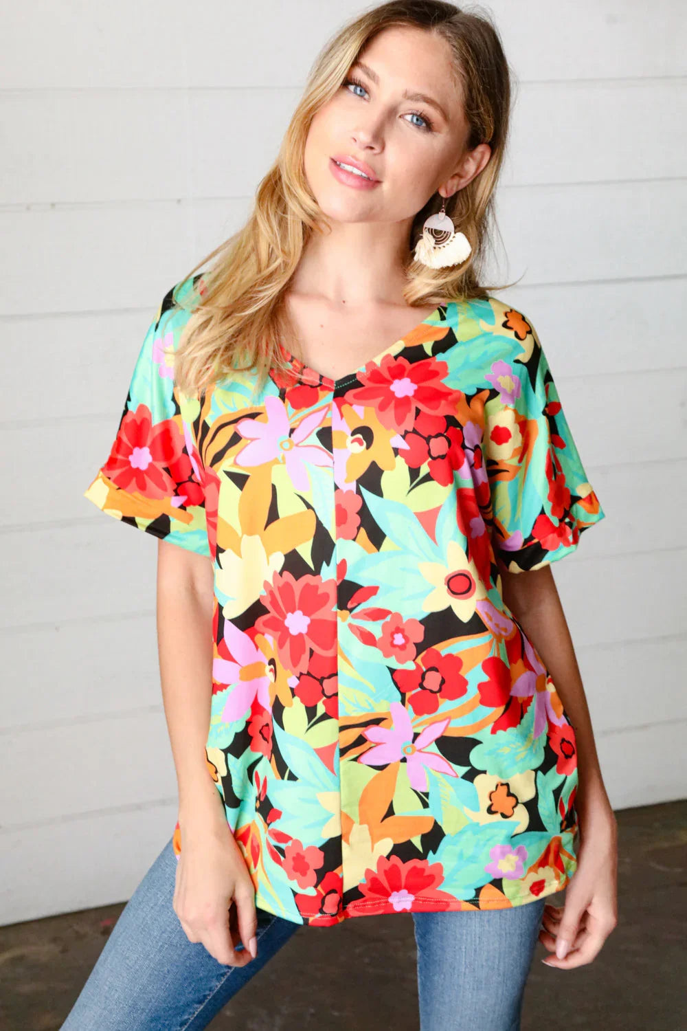 Multicolor Tropical Floral V Neck Drop Shoulder Top | Daverri Fashions