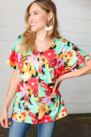 Multicolor Tropical Floral V Neck Drop Shoulder Top | Daverri Fashions