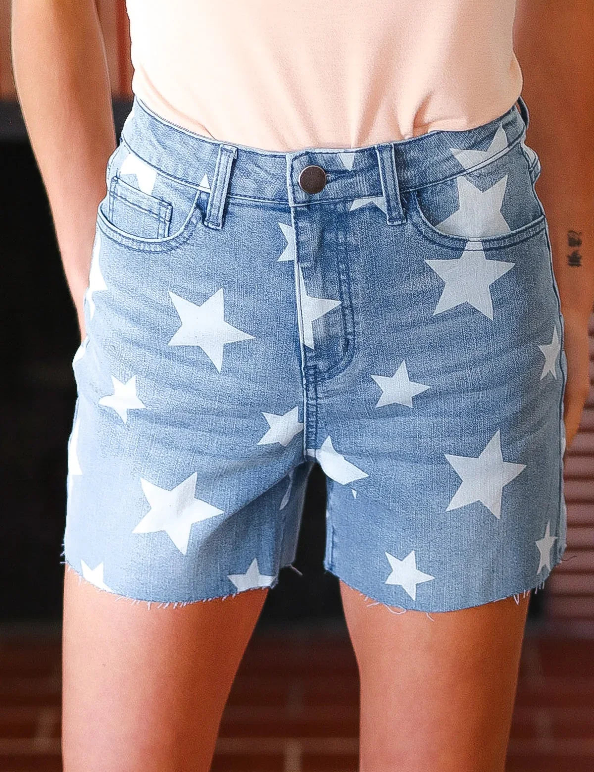 Light Wash Star Print High Rise Denim Shorts | 2024 Blow-Out Sale Daverri Fashions
