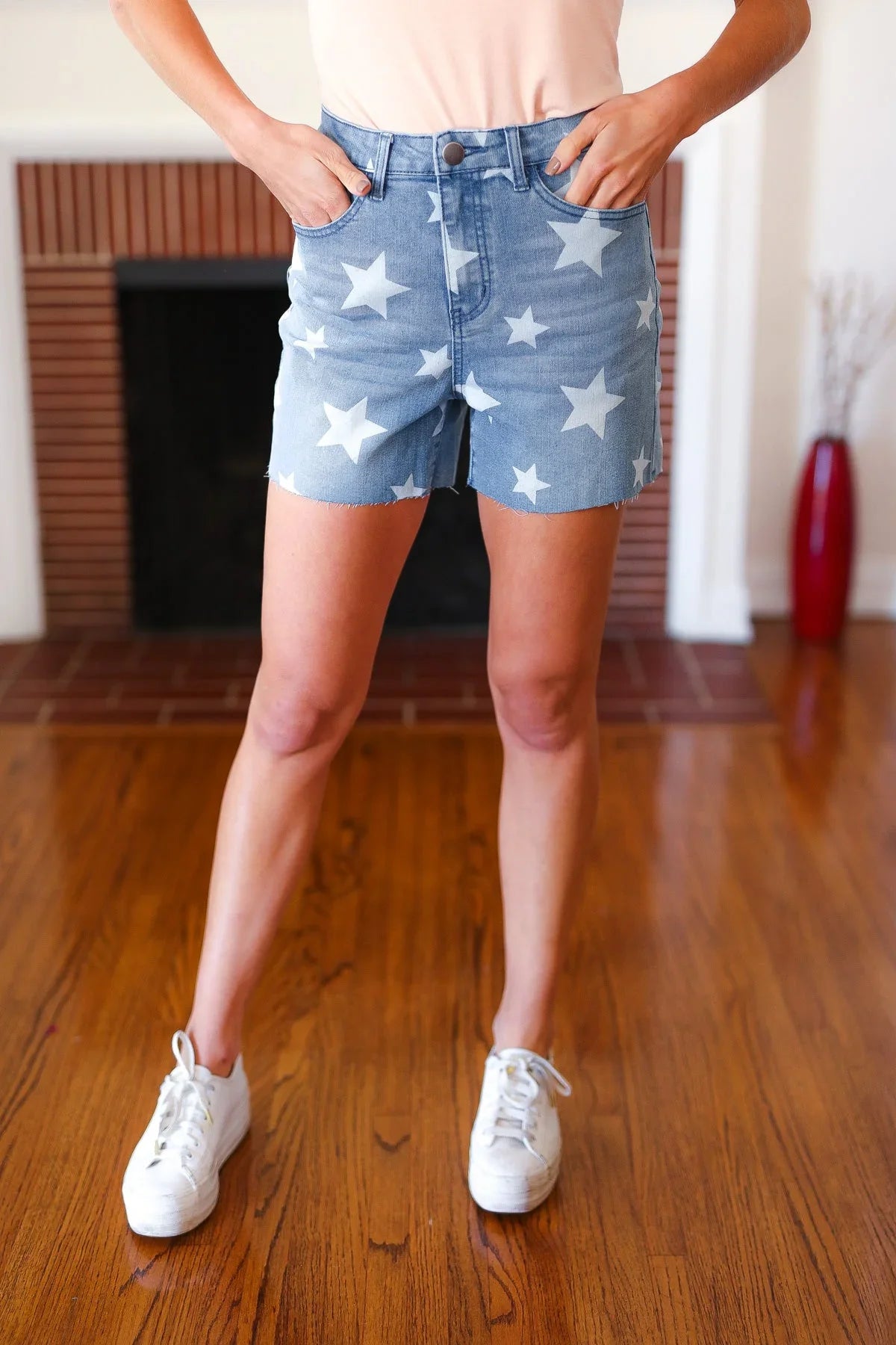 Light Wash Star Print High Rise Denim Shorts | 2024 Blow-Out Sale Daverri Fashions