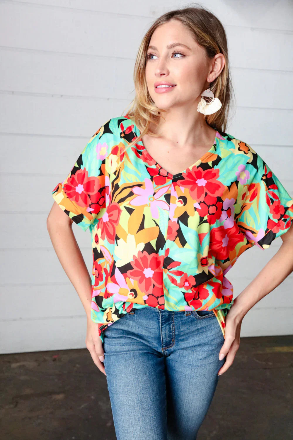 Multicolor Tropical Floral V Neck Drop Shoulder Top | Daverri Fashions