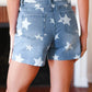 Light Wash Star Print High Rise Denim Shorts - DAVERRI FASHIONS