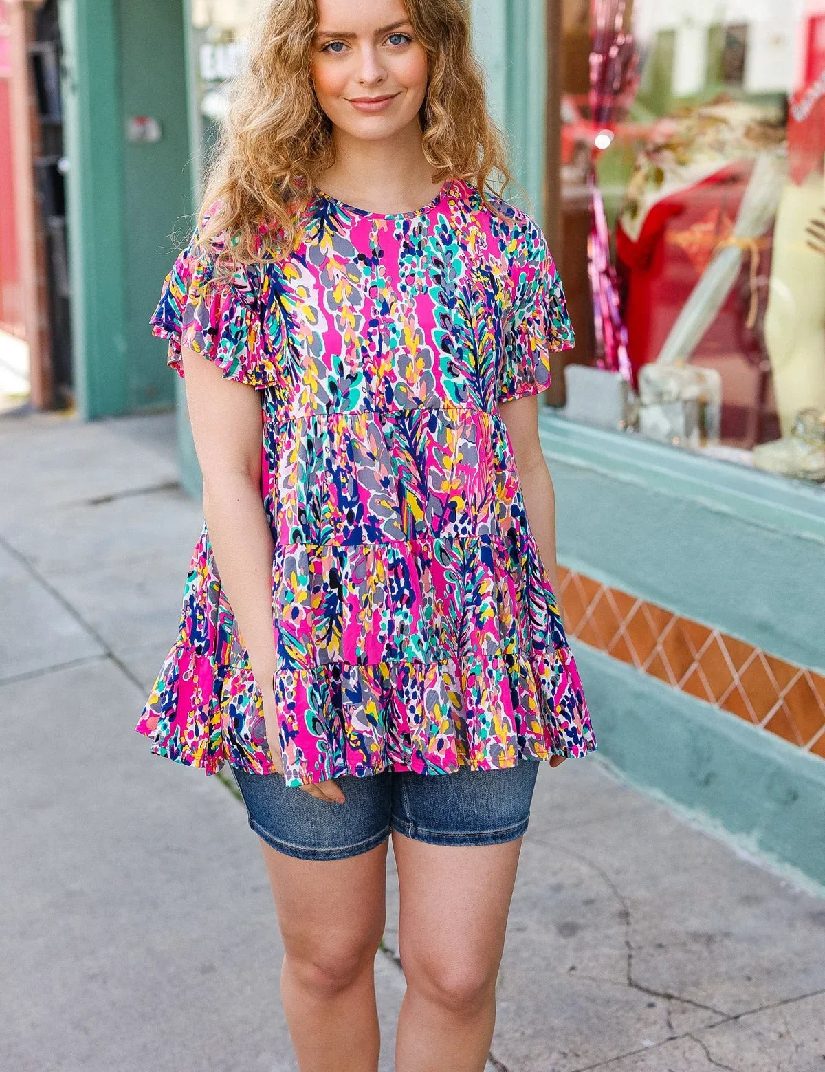 Femme' Fuchsia & Navy Floral Ruffle Hem Tiered Top | Daverri Fashions