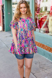 Femme' Fuchsia & Navy Floral Ruffle Hem Tiered Top | Daverri Fashions