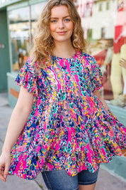 Femme' Fuchsia & Navy Floral Ruffle Hem Tiered Top | Daverri Fashions