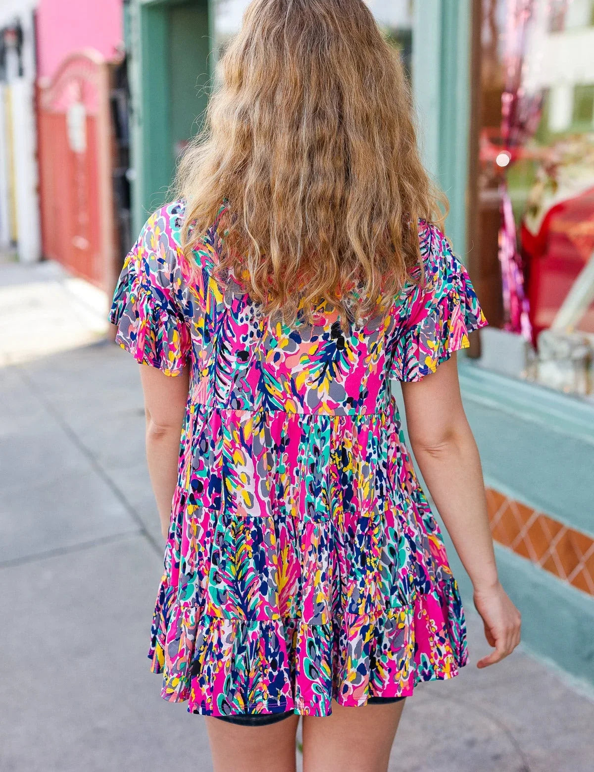 Femme' Fuchsia & Navy Floral Ruffle Hem Tiered Top | Daverri Fashions