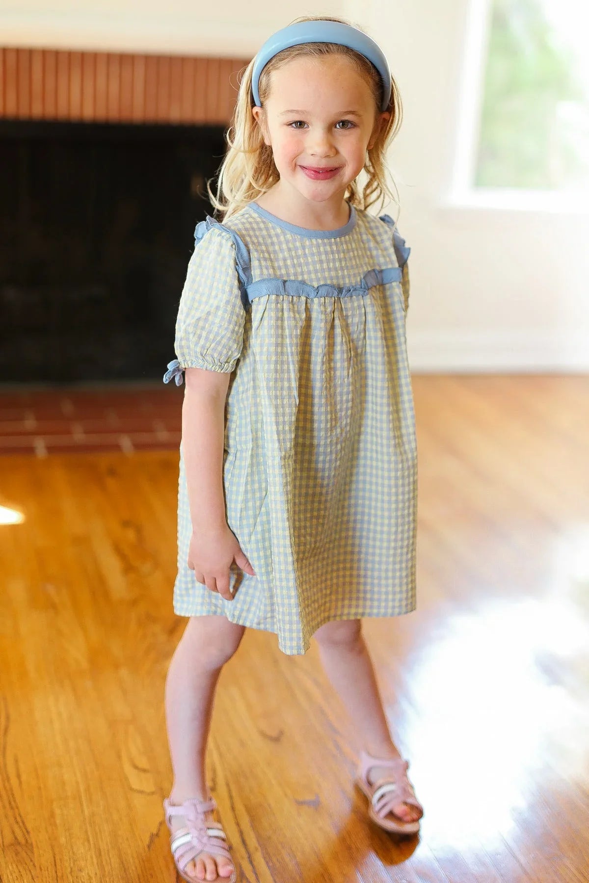 Kids Charming Blue Gingham Elastic Tie Sleeve Dress | 2024 Summer Blow Out Sale Daverri Fashions