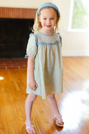 Kids Charming Blue Gingham Elastic Tie Sleeve Dress | 2024 Summer Blow Out Sale Daverri Fashions