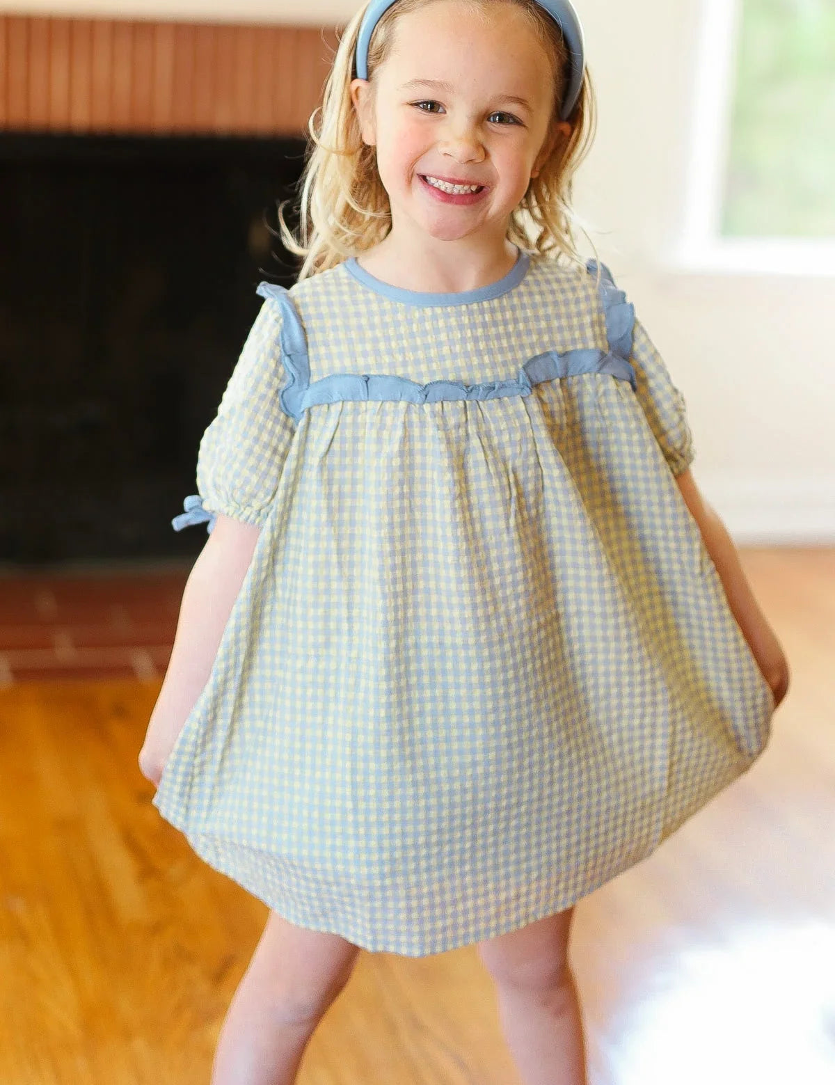 Kids Charming Blue Gingham Elastic Tie Sleeve Dress | 2024 Summer Blow Out Sale Daverri Fashions