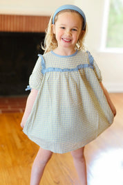 Kids Charming Blue Gingham Elastic Tie Sleeve Dress | 2024 Summer Blow Out Sale Daverri Fashions